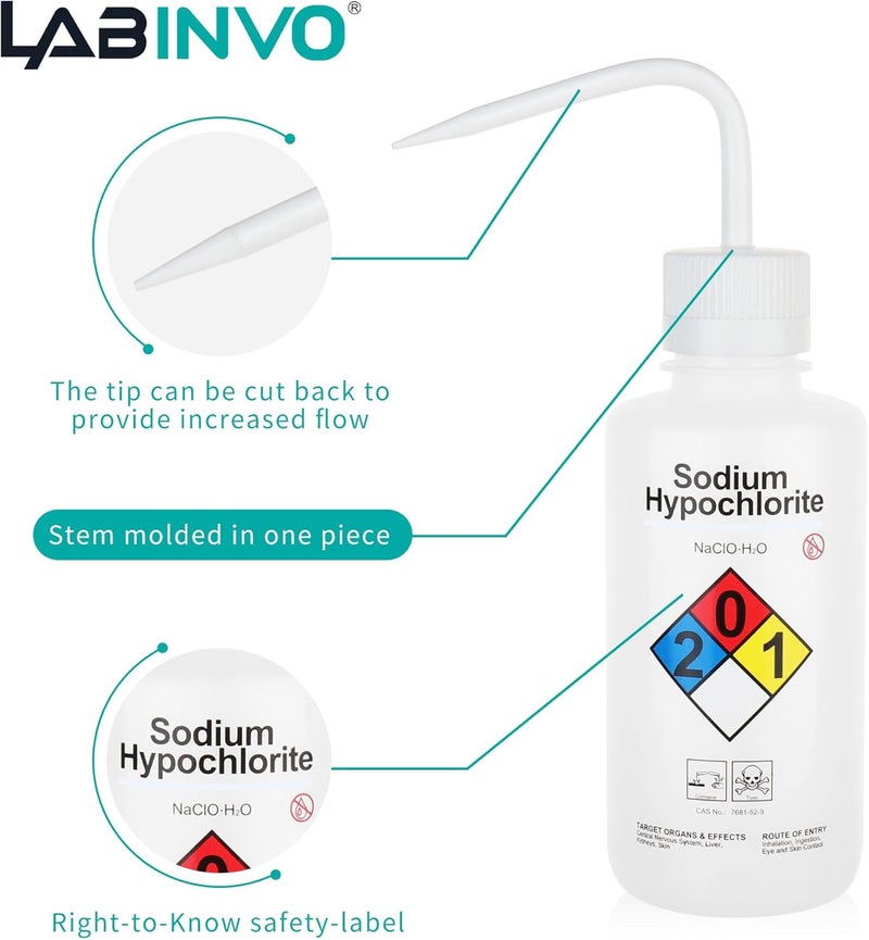 LINVO 4pcs of Sodium Hypochloride Wash Bottles, Vol.500ml (17oz), Narrow Mouth, Self-Venting Safety Wash Bottles, LDPE Material, IN-WBS500 - Image 3